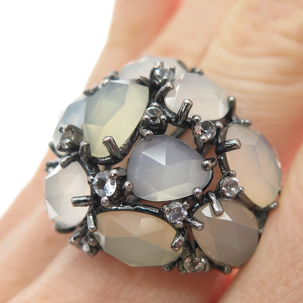 925 Sterling Silver Black Rhodium Real Chalcedony & White Topaz Ring Size 7.25