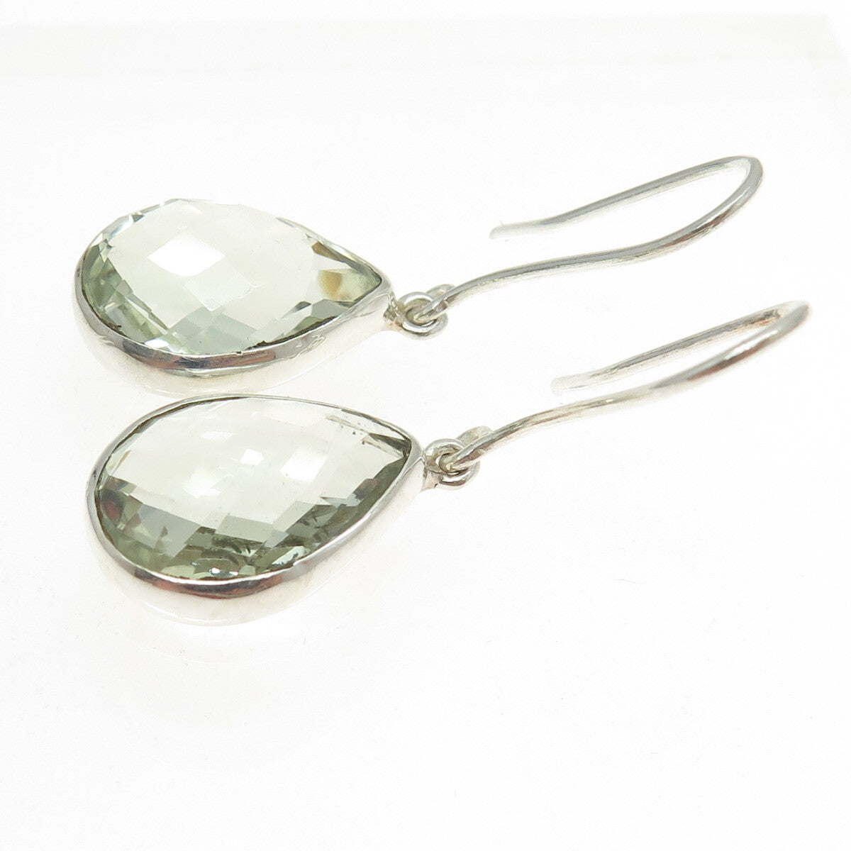 925 Sterling Silver Vintage Real Pear-Cut Green Amethyst Dangling Earrings