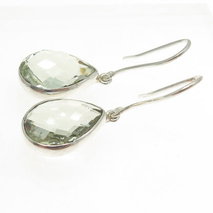 925 Sterling Silver Vintage Real Pear-Cut Green Amethyst Dangling Earrings