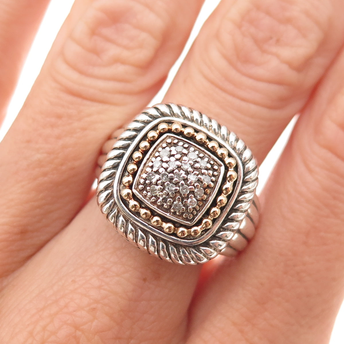 Town & Country 925 Sterling Silver 14K Gold Real Diamond Oxidized Ring Size 8.25