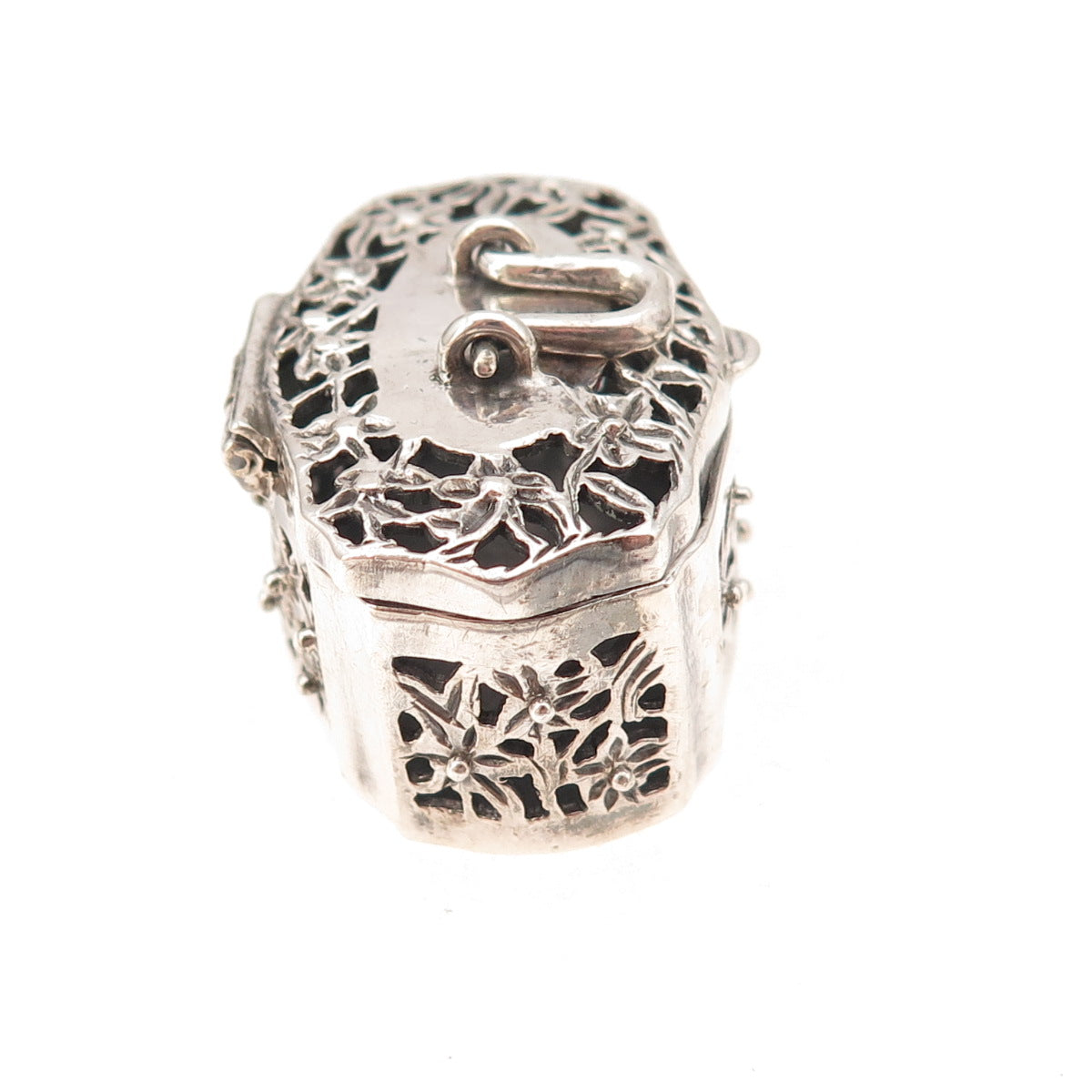 925 Sterling Silver Vintage Floral Oxidized Pill / Snuff Box Pendant