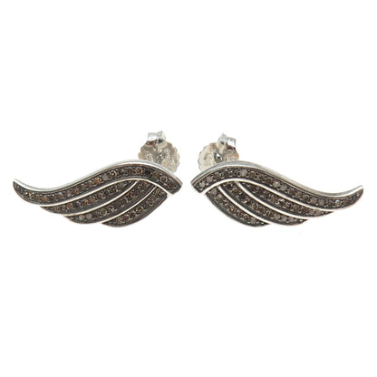 925 Sterling Silver Real Round-Cut Cognac Diamond Angel Wing Earrings