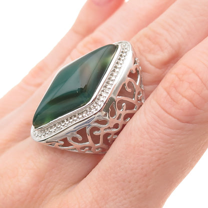 Ken Crafts 925 Sterling Silver Real Green Agate Floral Scroll Ring Size 7.5