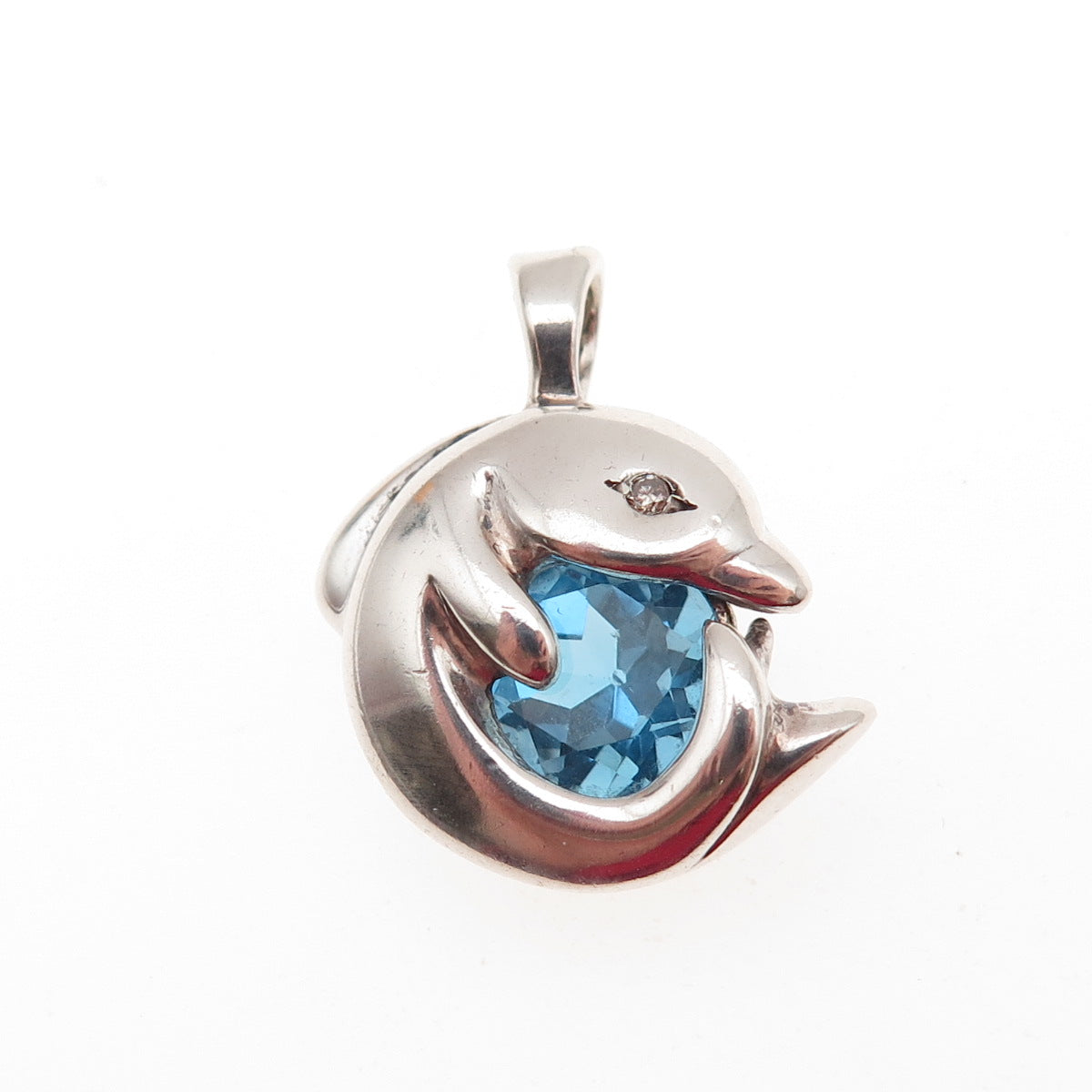 Gorham 925 Sterling Vintage Real Diamond Swiss Blue Topaz Dolphin Mini Pendant