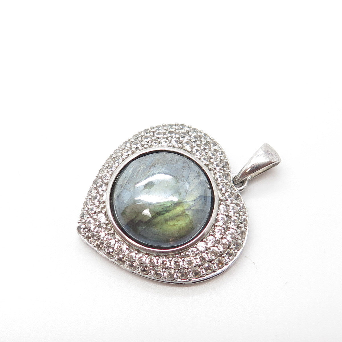 925 Sterling Silver Real Labradorite Gemstone & C Z Heart Pendant