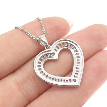 925 Sterling Silver Tapered Baguette & Round C Z Heart Cable Chain Necklace 16"