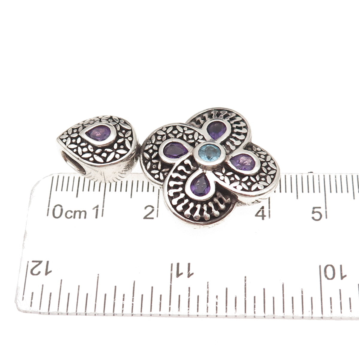 CNA Pranda 925 Sterling Vintage Real Amethyst & Blue Topaz Floral Slide Pendant