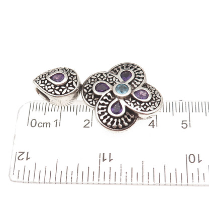 CNA Pranda 925 Sterling Vintage Real Amethyst & Blue Topaz Floral Slide Pendant
