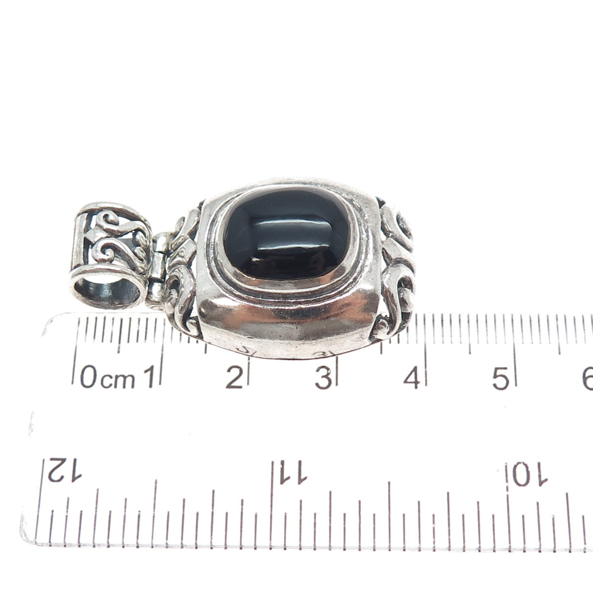 925 Sterling Silver Vintage Real Black Onyx Ornate Oxidized Charm Pendant
