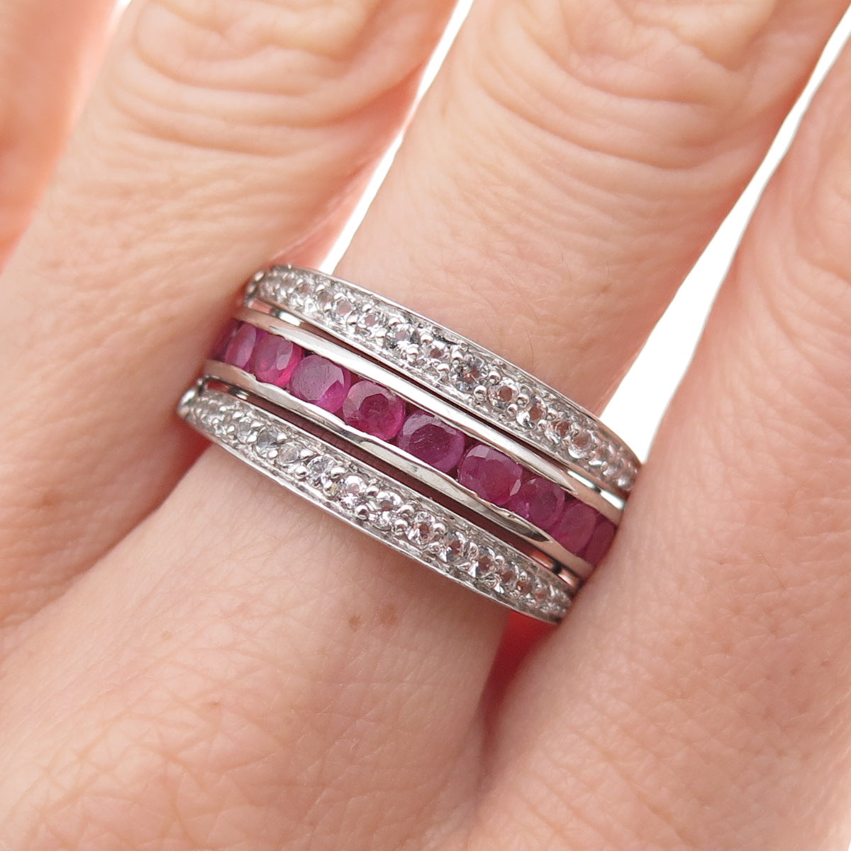 Chuck Clemency 925 Sterling Real Ruby Topaz Emerald Rotating Band Ring Size 7.5