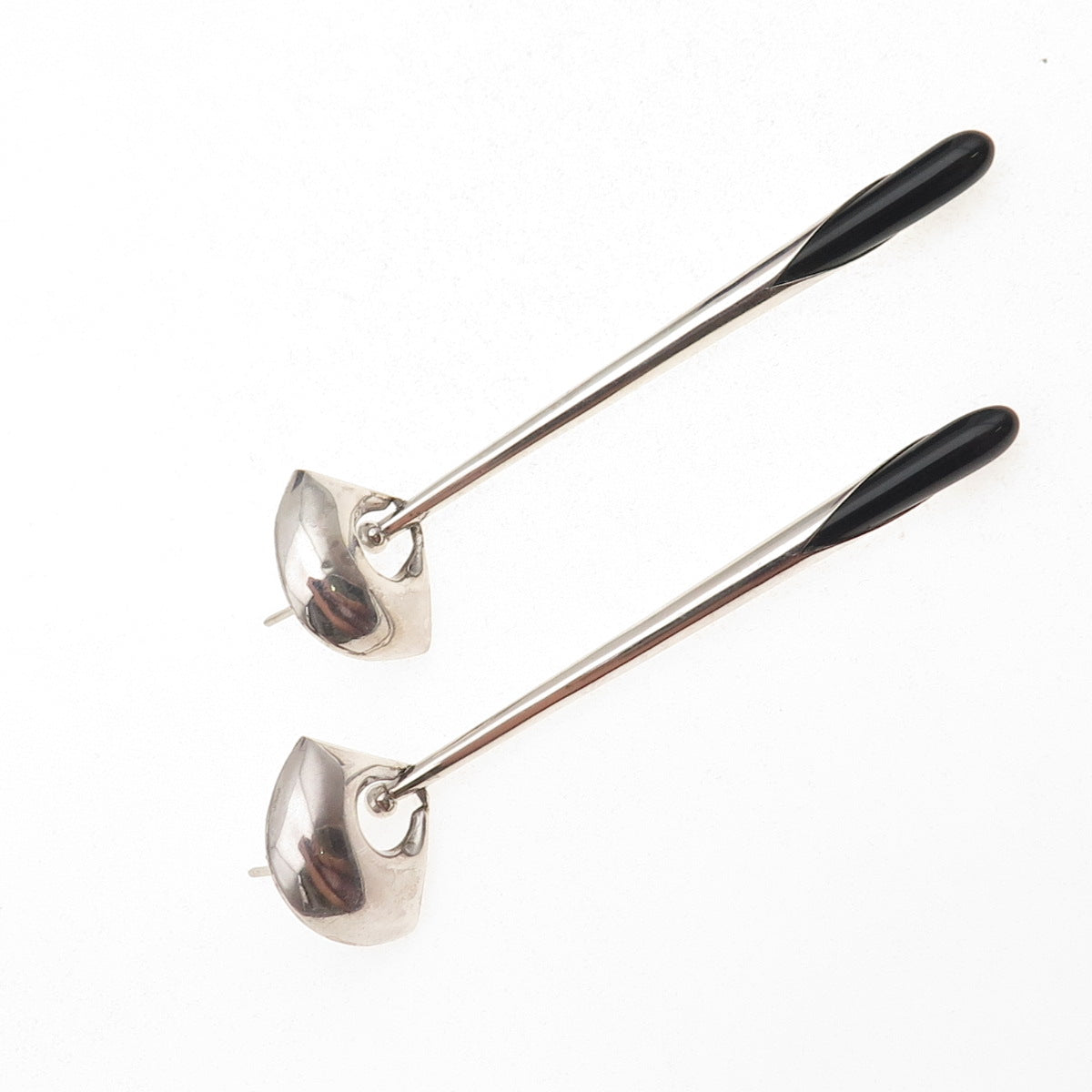 925 Sterling Silver Vintage Real Black Onyx Modernist Dangle Earrings