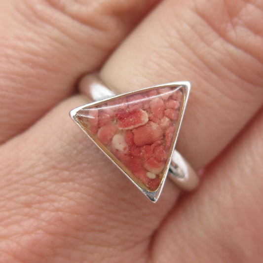 925 Sterling Silver Vintage Real Coral Inlay Triangle Ring Size 7.25