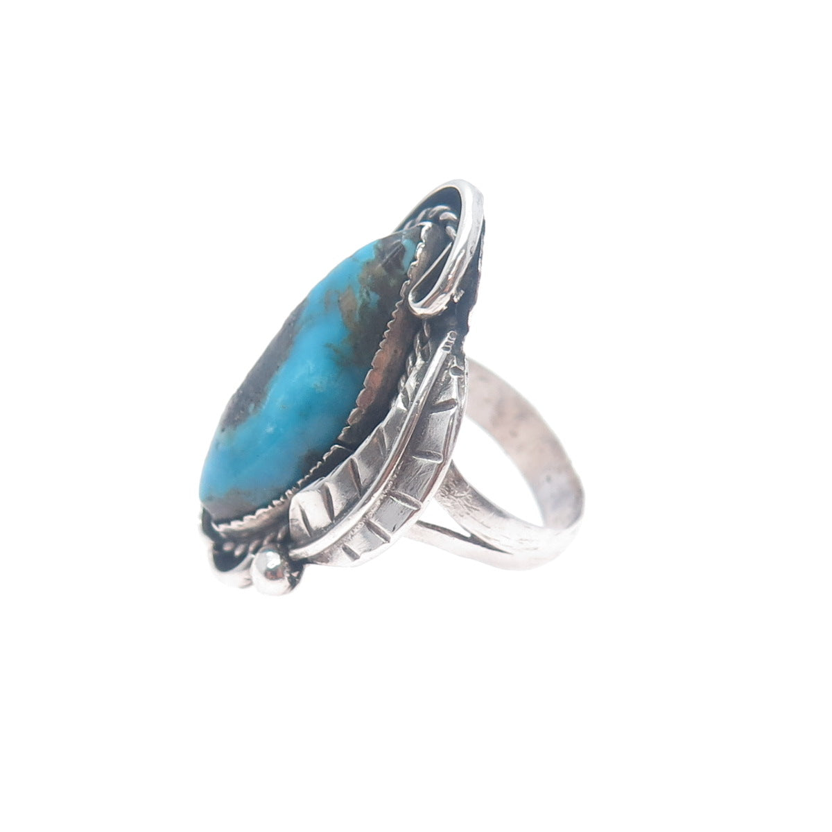Old Pawn Sterling Vintage Southwestern Bisbee Turquoise Feather Ring Size 7.75