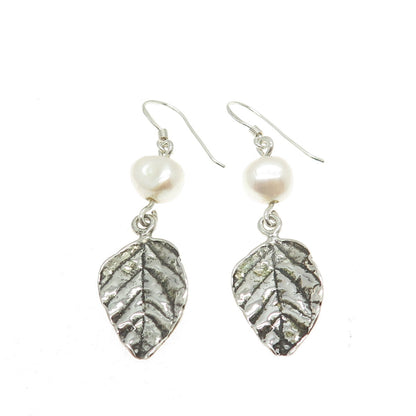 BILI 925 Sterling Silver Vintage Real Pearl Floral Leaf Oxidized Earrings
