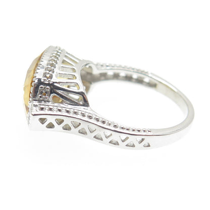 DSMK 925 Sterling Silver Checkered Citrine & White Topaz Gem Dome Ring Size 7.25