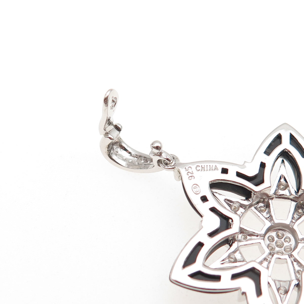 925 Sterling Silver Real Diamond & Black Onyx Floral Charm Pendant