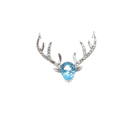 SUN 925 Sterling Silver Real Diamond & Blue Topaz Deer Slide Centerpiece Pendant