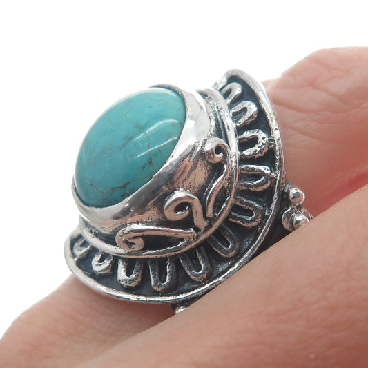 925 Sterling Silver Vintage Real Mountain Turquoise Sun Oxidized Ring Size 10.5