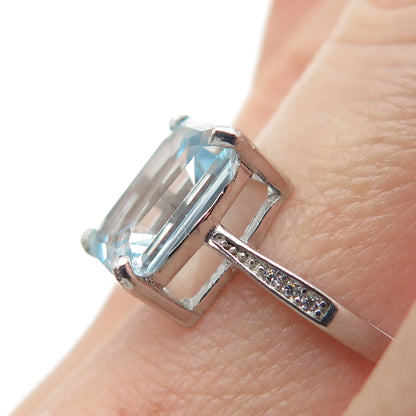 925 Sterling Silver Real Emerald-Cut Blue & Round-Cut White Topaz Ring Size 6.5