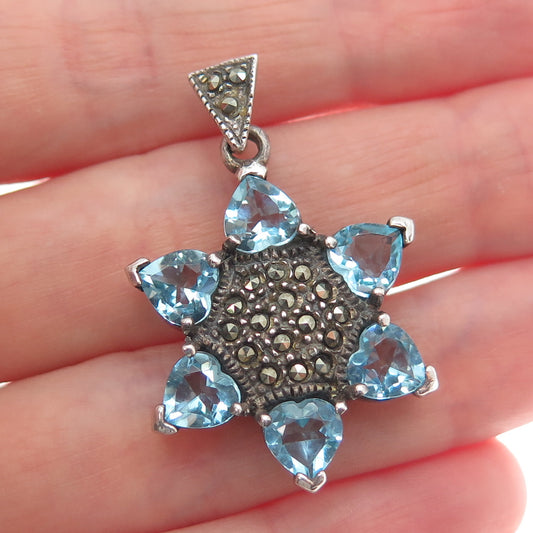 925 Sterling Silver Vintage Real Blue Topaz & Marcasite Gem Oxidized Pendant