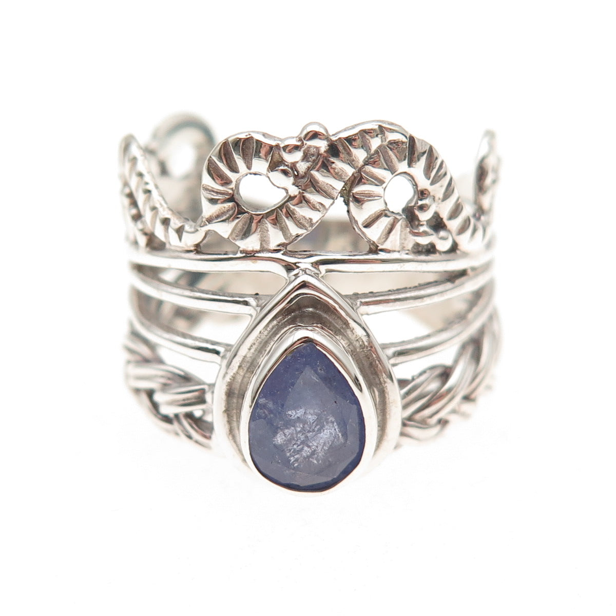 925 Sterling Silver Real Pear-Cut Tanzanite Oxidized Ring Size 8.25