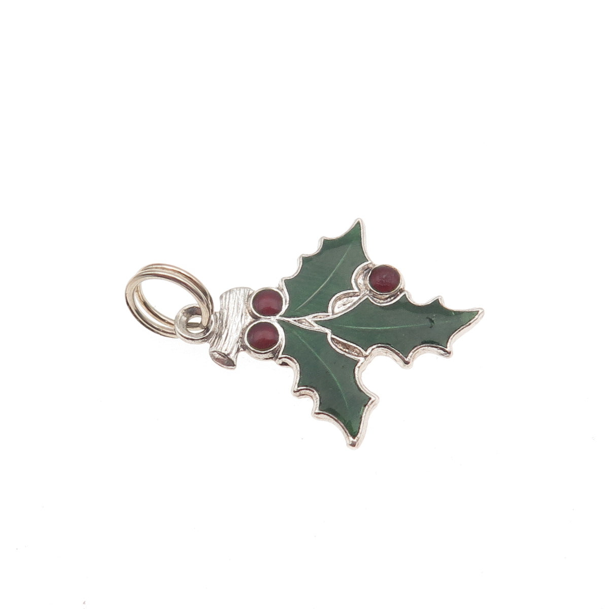 J.M. Fisher 925 Sterling Vintage Enamel Holy & Berries Christmas Mini Pendant