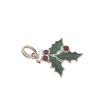 J.M. Fisher 925 Sterling Vintage Enamel Holy & Berries Christmas Mini Pendant