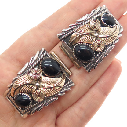 Old Pawn 925 Sterling Silver 2-Tone Vintage Black Onyx Feather Tribal Watch Band