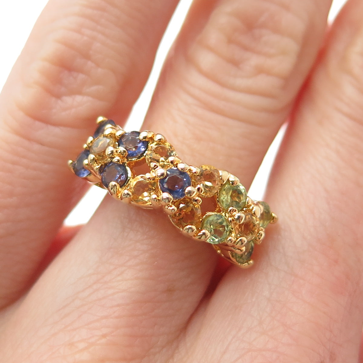 925 Sterling Silver Gold Plated Real Peridot Citrine & Iolite Ring Size 4.75