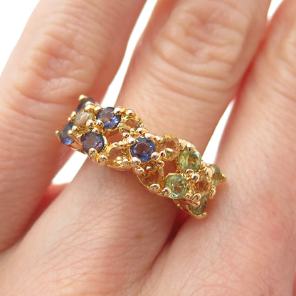 925 Sterling Silver Gold Plated Real Peridot Citrine & Iolite Ring Size 4.75