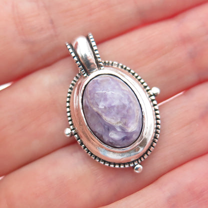 925 Sterling Silver Vintage Real Charoite Oxidized Charm Pendant