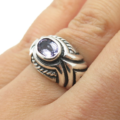 925 Sterling Silver Vintage Real Oval-Cut Amethyst Modernist Ring Size 6
