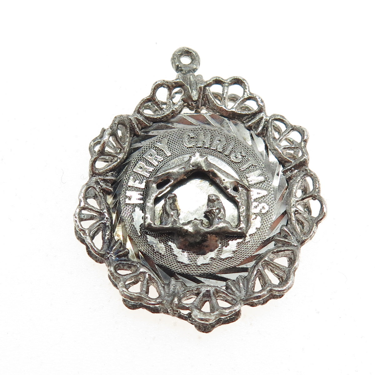 925 Sterling Silver Vintage Nativity Scene Merry Christmas Religious Pendant