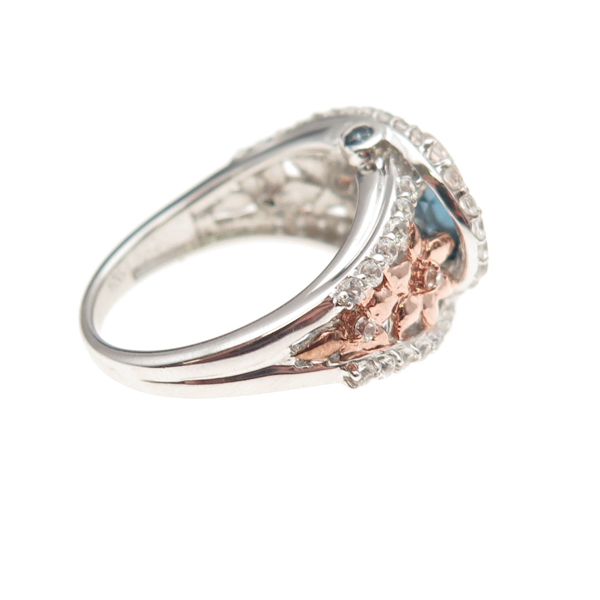 DSMK 925 Sterling Silver 2-Tone Real White Topaz & Blue C Z Ring Size 7.25