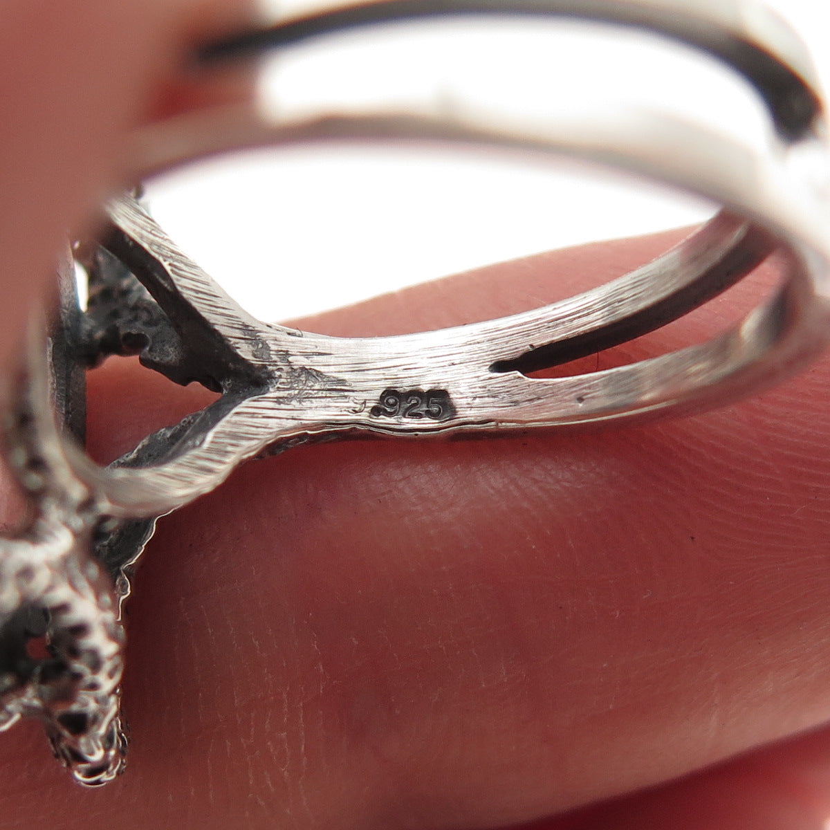925 Sterling Silver Vintage Real Clear Quartz Modernist Oxidized Ring Size 5.5