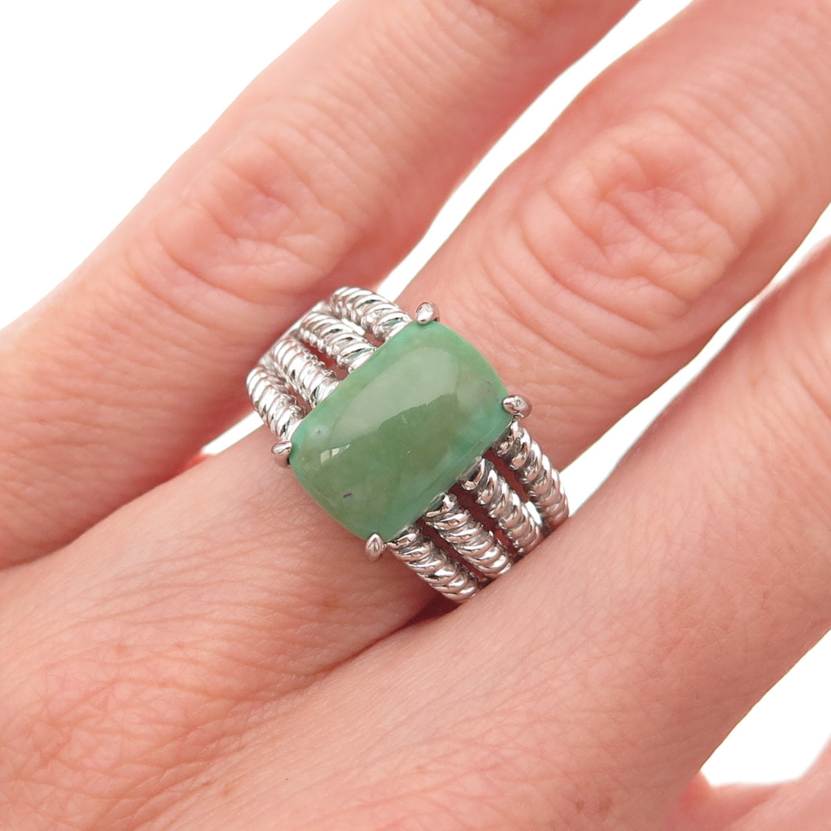 925 Sterling Silver Real Royston Turquoise 3-Row Ring Size 6