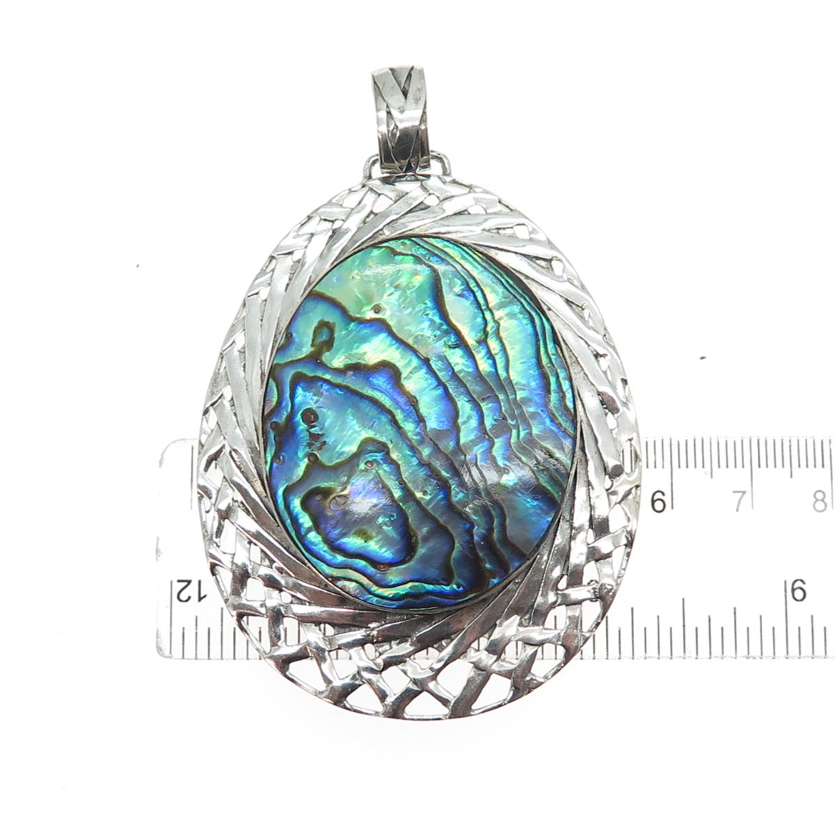 925 Sterling Silver Vintage Real Abalone Shell Ornate Large Teardrop Pendant