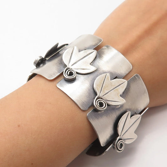 925 Sterling Silver Vintage Rebajes Leaf Modernist Panel Link Bracelet 7"