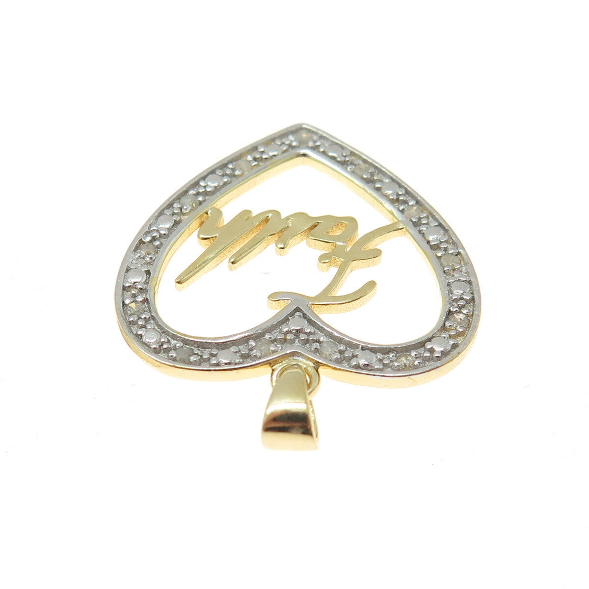 HAN 925 Sterling Silver 2-Tone Real Round-Cut Diamond "Faith" Heart Pendant