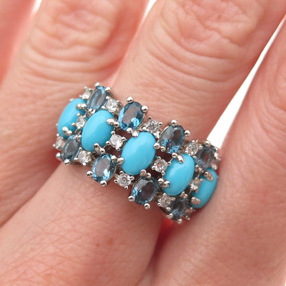 Pinctore Sterling Silver Real Turquoise London Blue & White Topaz Ring Size 8.25