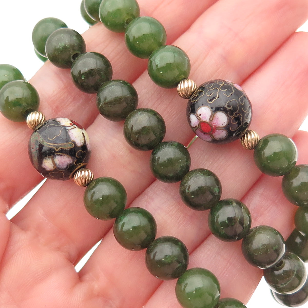 1/20 12K Gold Filled Vintage Cloisonne Enamel Real Jade Ball Beaded Necklace 24"