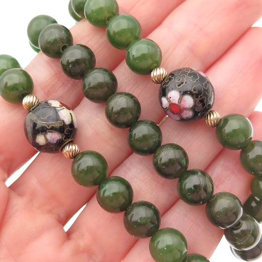 1/20 12K Gold Filled Vintage Cloisonne Enamel Real Jade Ball Beaded Necklace 24"