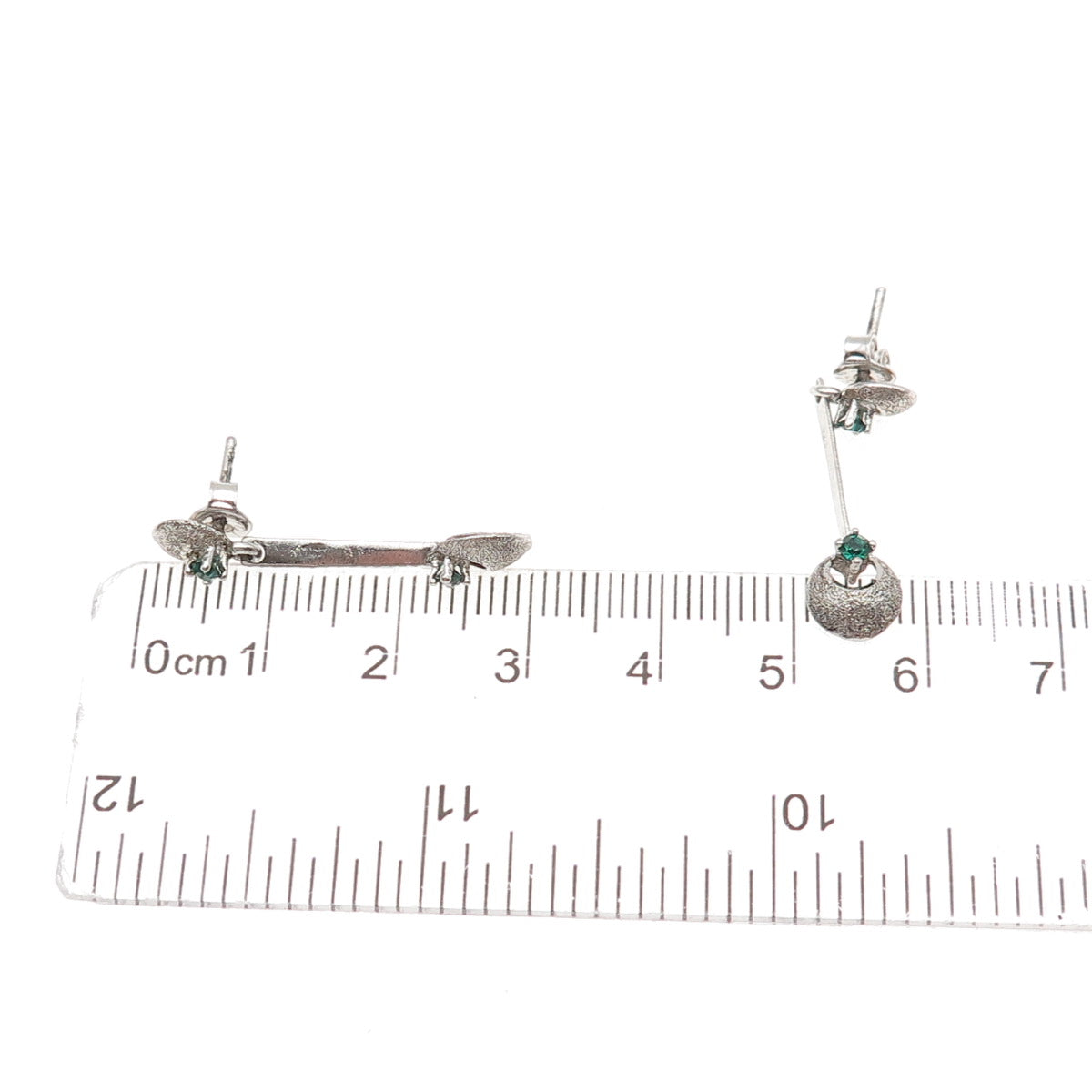 925 Sterling Silver Vintage Green Rhinestone Modernist Oxidized Dangle Earrings
