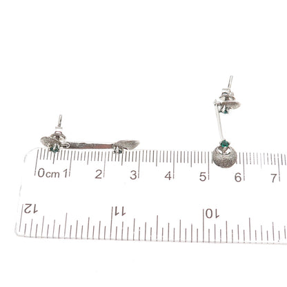 925 Sterling Silver Vintage Green Rhinestone Modernist Oxidized Dangle Earrings