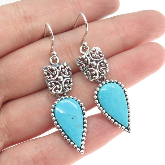 925 Sterling Silver Vintage Real Pear-Cut Turquoise Floral Ornate Earrings
