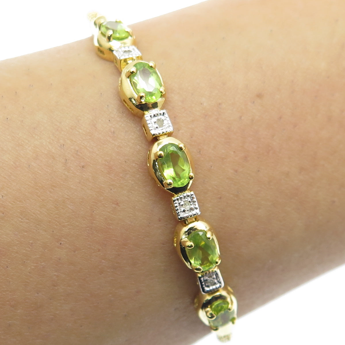 DBJ DEE BERKLE 925 Sterling Silver Gold Plated Real Diamond Peridot Bracelet 7"