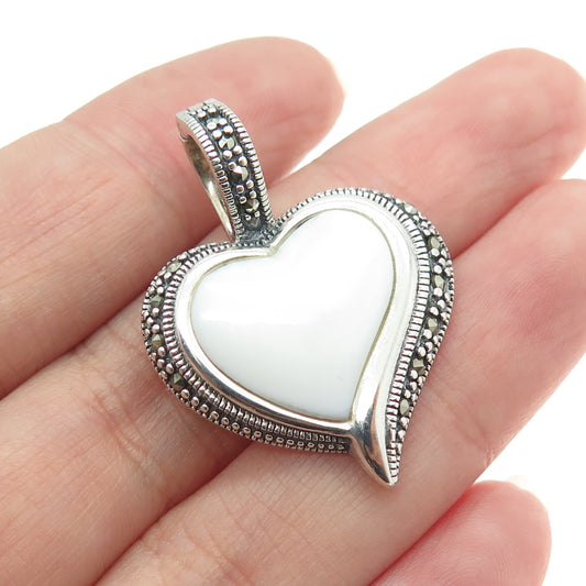 925 Sterling Silver Vintage Real Mother-of-Pearl & Marcasite Gem Heart Pendant