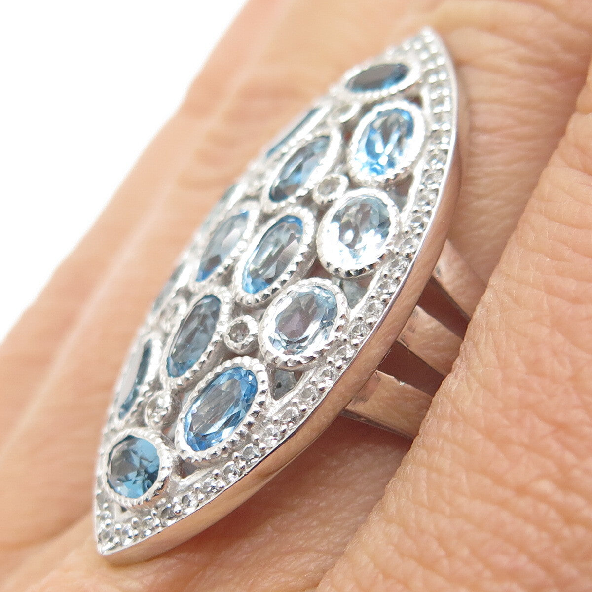 DSMK 925 Sterling Silver Real London & Light Blue White Topaz Ring Size 7