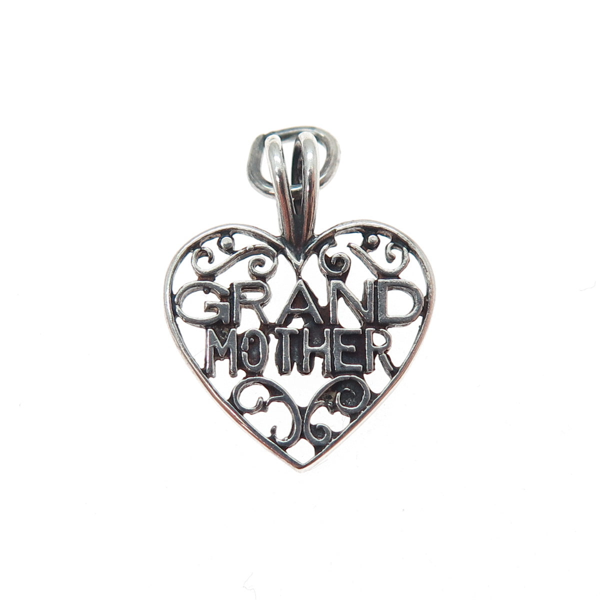 925 Sterling Silver Vintage Grandmother Heart Oxidized Minimalist Charm Pendant