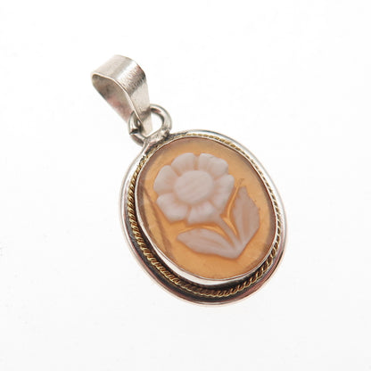 925 Sterling Silver 2-Tone Vintage Real MOP Floral Cameo Charm Pendant
